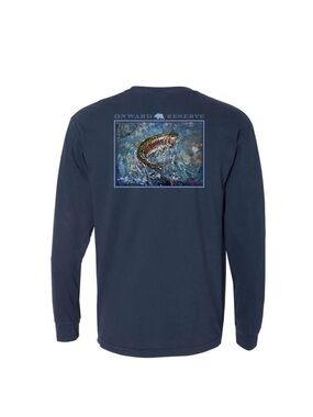 NWT Onward Reserve Jumping Rainbow Fish Blue Long Sleeve Cotton Pocket Tee